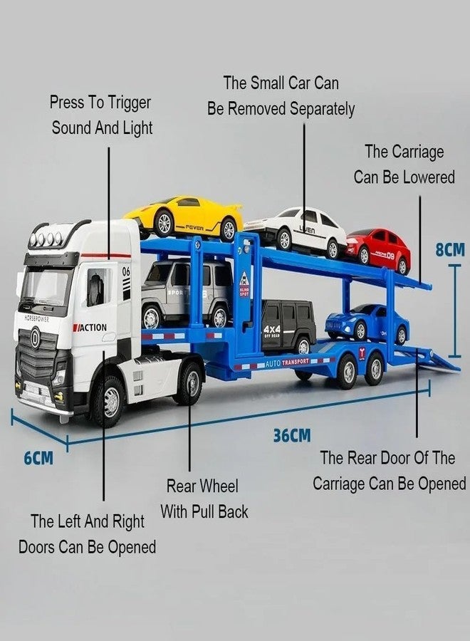 KING FORU Die-Cast Car Carrier Truck Toy Set with 6 Vehicles, Lights and Sounds, 36 cm Transport Trailer with Pull-Back Action - Image 3